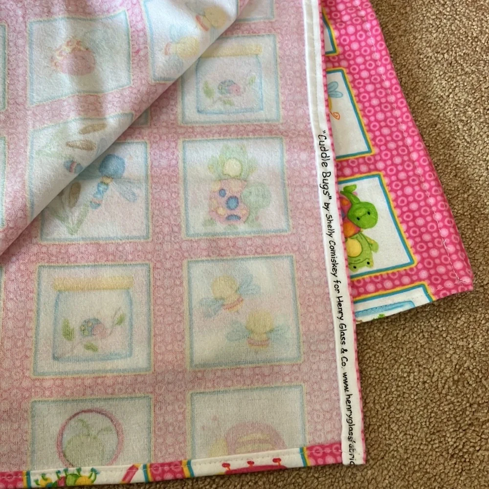 BUNDLE OF 2 SWADDLE FLANNEL BLANKETS. “CUDDLE BUGS” by SHELLY COMISKEY. HANDMADE